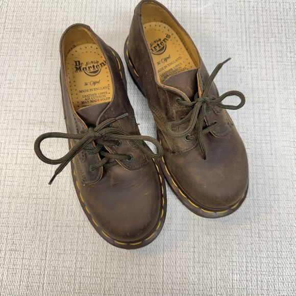 VTG DR MARTENS England AirWair Brown Leather Oxfords 4-Eye Lace-Up Shoes Kids 13 - Picture 1 of 11